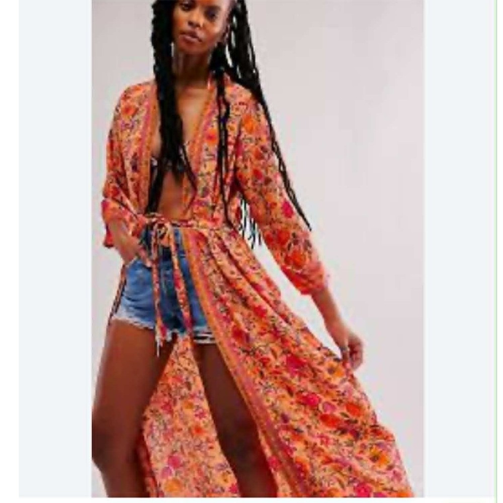 Bindya New York Floral Maxi Kimono Duster Belted Boho Resort Cover Up OS India